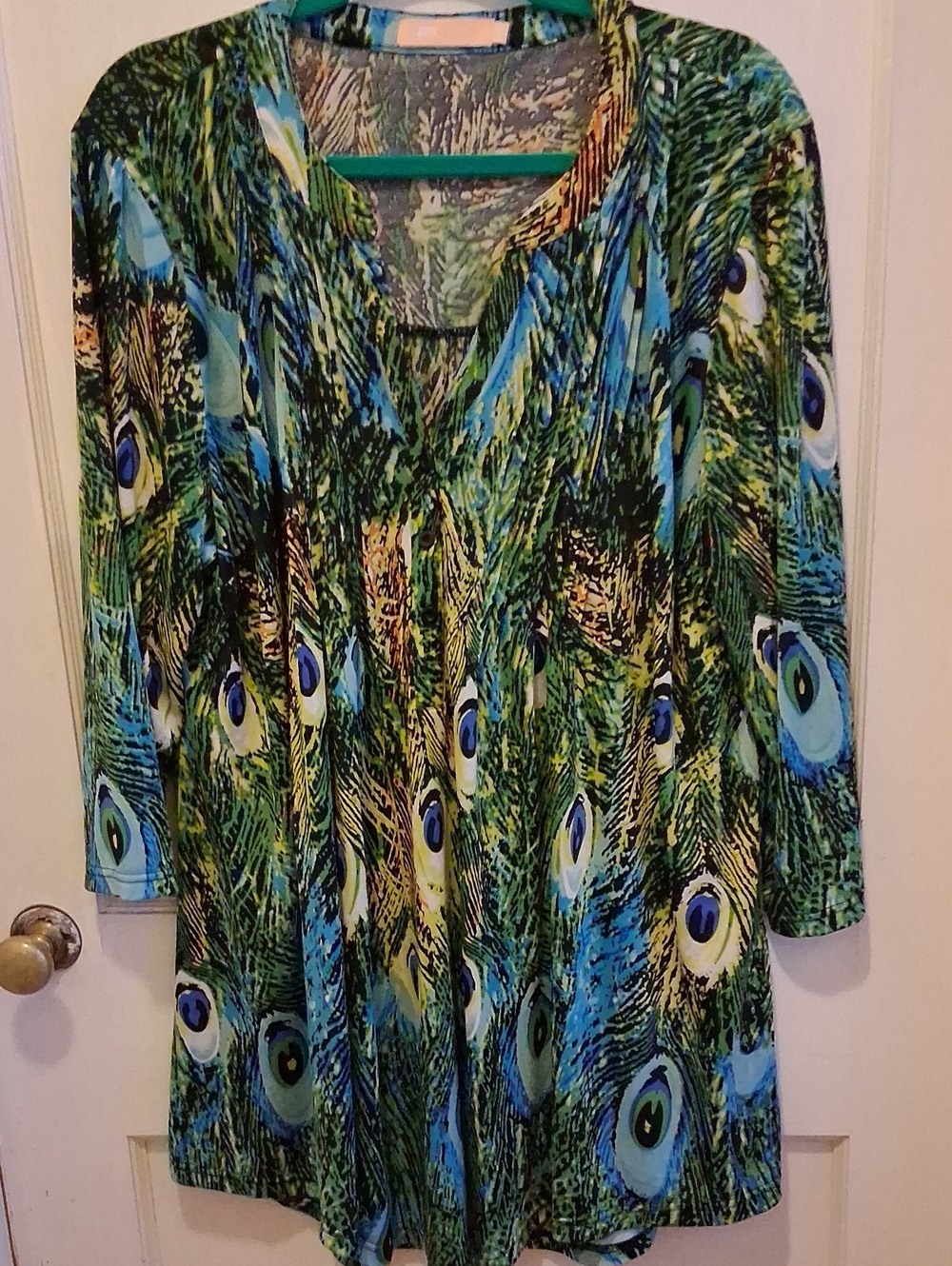 Peacock Feather Print V-Neck Tunic - Green/Blue